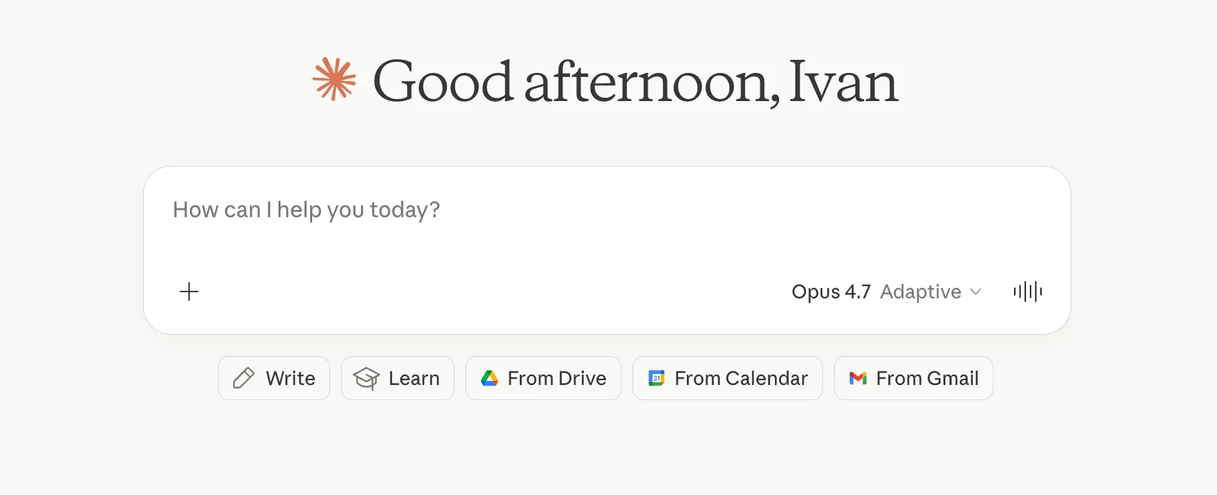 Consumer Claude.ai interface showing 'Good afternoon, Ivan' with Opus 4.7 selected.